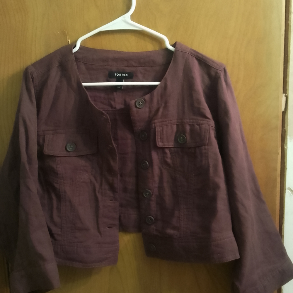 Torrid Women's Double Gauze Cropped Collarless Jacket In Spruce‎ 3/4 Sleeve
